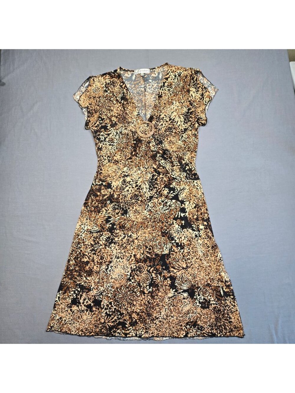 Vintage 90s Y2K Dressbarn M Floral V-Neck Dress Black/Brown Stretchy